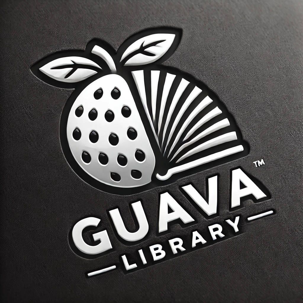 DALL·E 2024-12-29 17.48.08 – A refined and professional black-and-white logo for ‘Guava Library,’ featuring a polished and minimalistic design. The logo includes a stylized guava